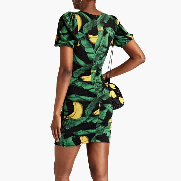 Ganni Banana Print Ruched Mini Dress - Picture 2 of 10
